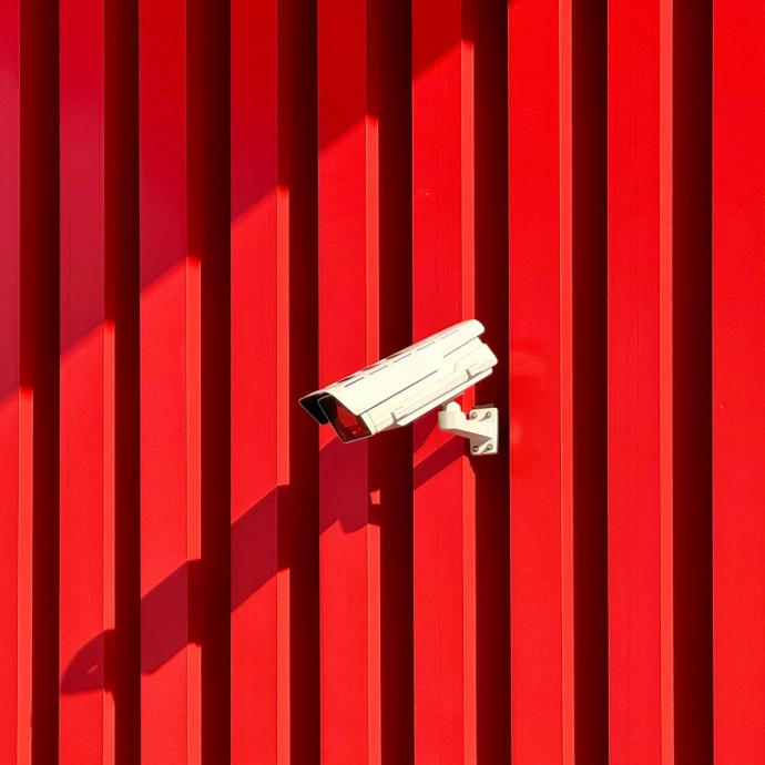 Cctv camera is mounted on a red wall.