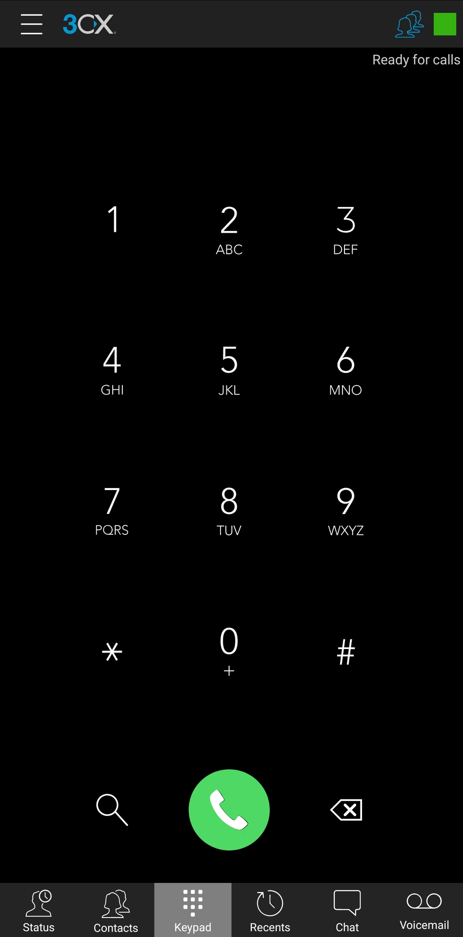Hoofdscherm van de 3CX Android-app na succesvolle installatie met toestelnummer