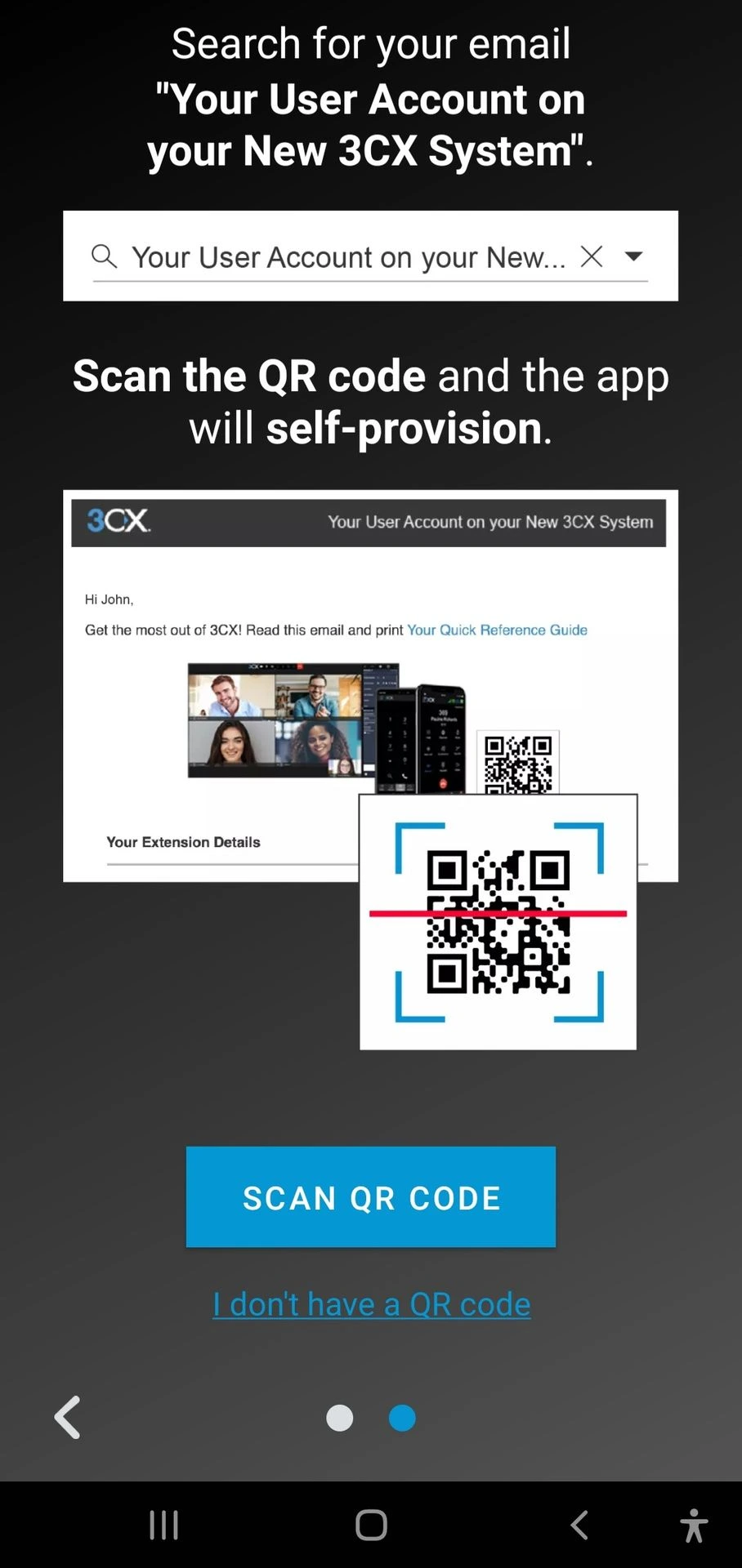 Welkomstscherm van de 3CX Android-app met knop om QR-code te scannen
