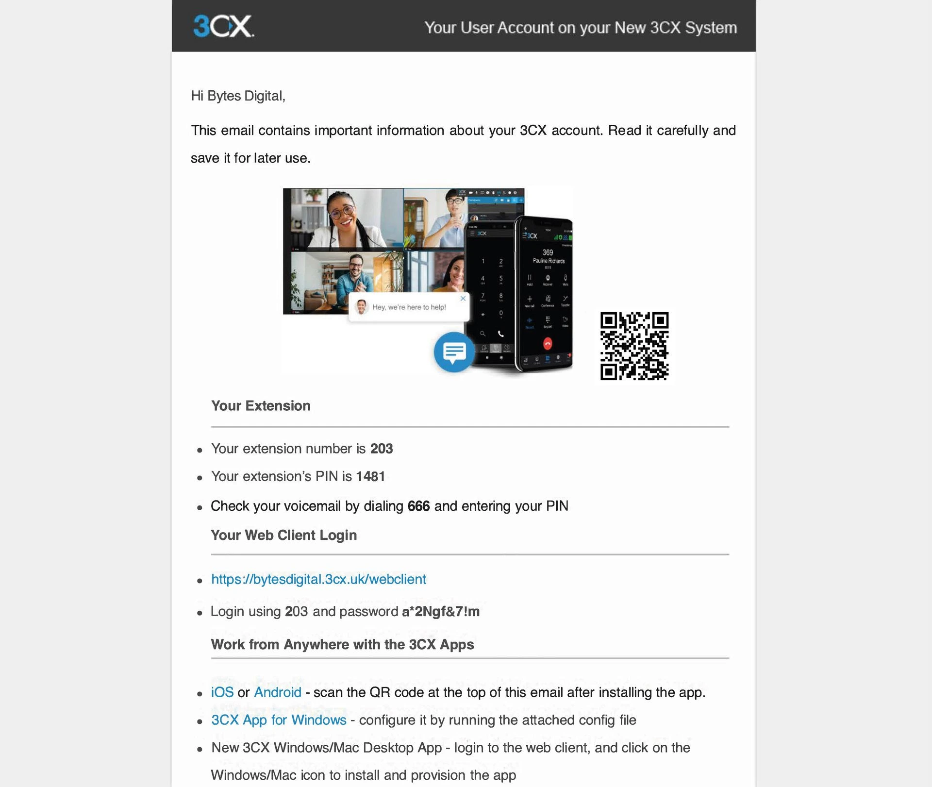 Voorbeeld van 3CX provisioning e-mail met QR-code van Fly By Wire